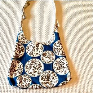 Handmade cross body fabric bag, reversible, adjustable strap, lined, blue/white